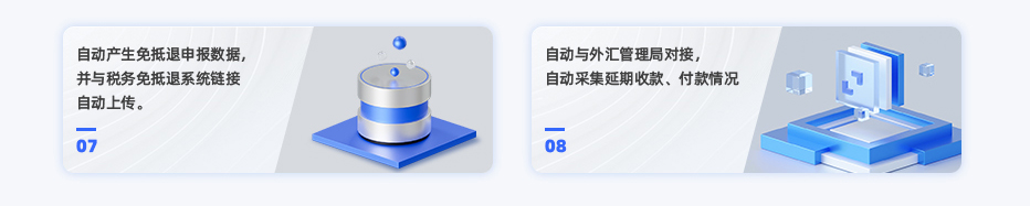 自動產(chǎn)生免抵退申報數(shù)據(jù)，并與稅務(wù)免抵退系統(tǒng)鏈接自動上傳。 自動與外匯管理局對接，自動采集延期收款、付款情況。