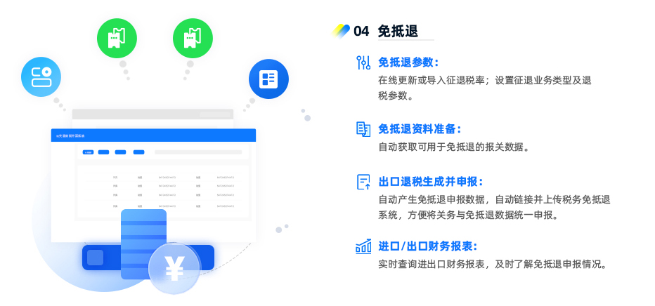 免抵退 ? 免抵退參數(shù)：在線更新或?qū)胝魍硕惵?；設(shè)置征退業(yè)務(wù)類型及退稅參數(shù)。 ? 免抵退資料準(zhǔn)備：自動獲取可用于免抵退的報關(guān)數(shù)據(jù)。 ? 出口退稅生成并申報：自動產(chǎn)生免抵退申報數(shù)據(jù)，自動鏈接并上傳稅務(wù)免抵退系統(tǒng)，方便將關(guān)務(wù)與免抵退數(shù)據(jù)統(tǒng)一申報。 ? 進(jìn)口/出口財務(wù)報表：實時查詢進(jìn)出口財務(wù)報表，及時了解免抵退申報情況。 
