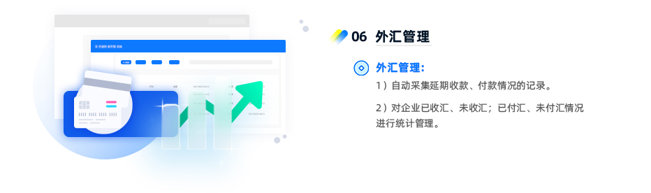 外匯管理： 1）自動采集延期收款、付款情況的記錄。 2）對企業(yè)已收匯、未收匯；已付匯、未付匯情況進(jìn)行統(tǒng)計管理。